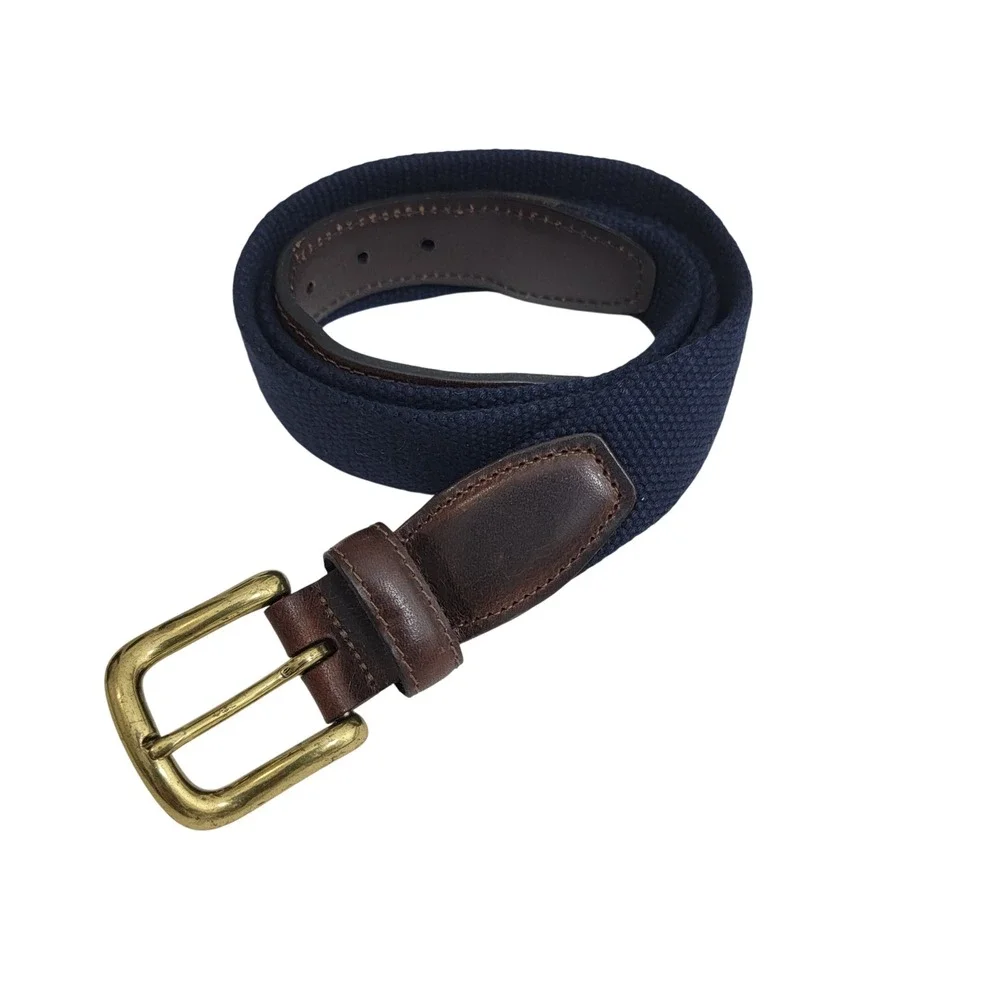 Mens Navy Blue Surcingle Canvas Leather Belt Brown Trim Solid Brass Buckle 34